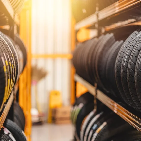 Däckhotell Gotland med staplade däck på hyllor för däckförvaring.